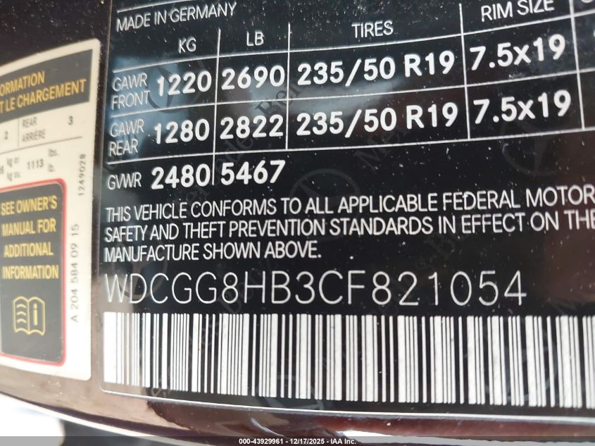 2012 Mercedes-Benz Glk 350 4Matic VIN: WDCGG8HB3CF821054 Lot: 43929961