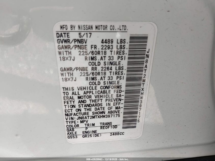 2017 Nissan Rogue Sl VIN: JN8AT2MTXHW397175 Lot: 43929963