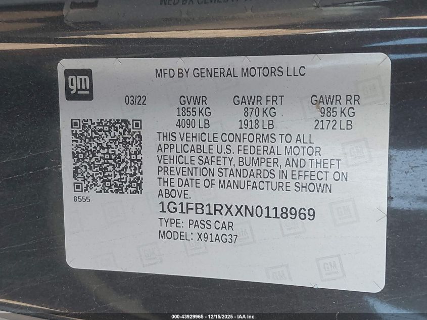 2022 Chevrolet Camaro Rwd 1Lt VIN: 1G1FB1RXXN0118969 Lot: 43929965
