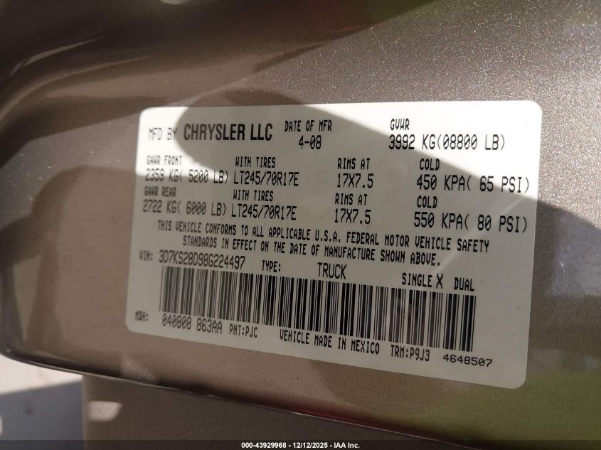 2008 Dodge Ram 2500 St/Sxt VIN: 3D7KS28D98G224497 Lot: 43929968