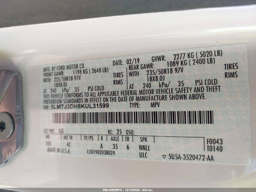 2019 Lincoln Mkc Reserve VIN: 5LMTJ3DH8KUL31599 Lot: 43929970