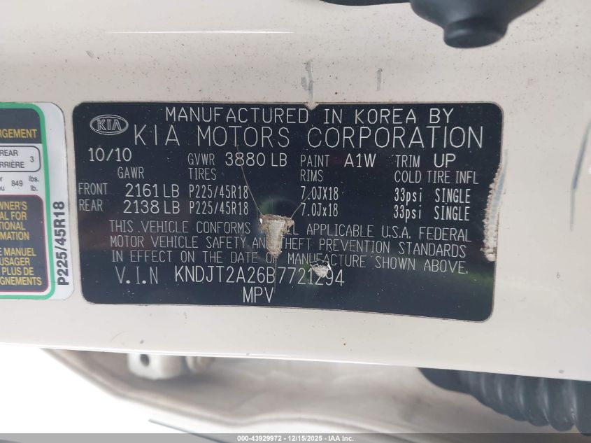 2011 Kia Soul ! VIN: KNDJT2A26B7721294 Lot: 43929972