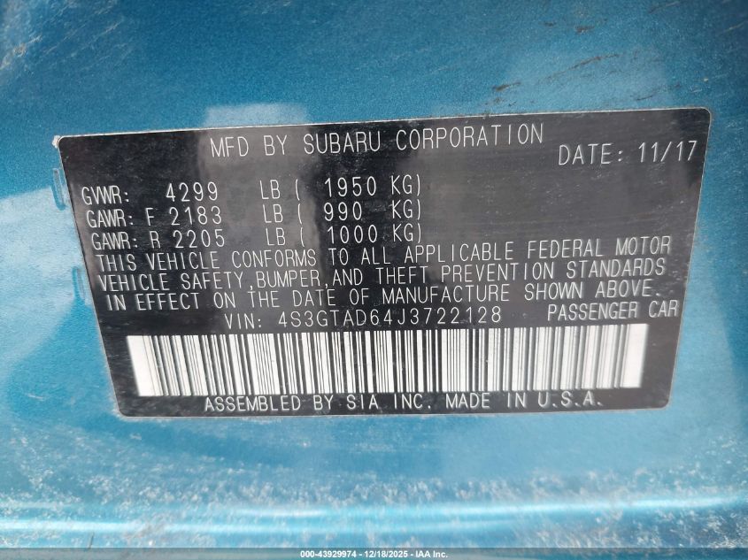 2018 Subaru Impreza 2.0I Premium VIN: 4S3GTAD64J3722128 Lot: 43929974