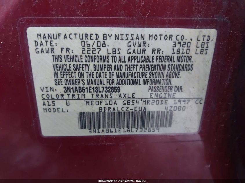 2008 Nissan Sentra 2.0 VIN: 3N1AB61E18L732859 Lot: 43929977