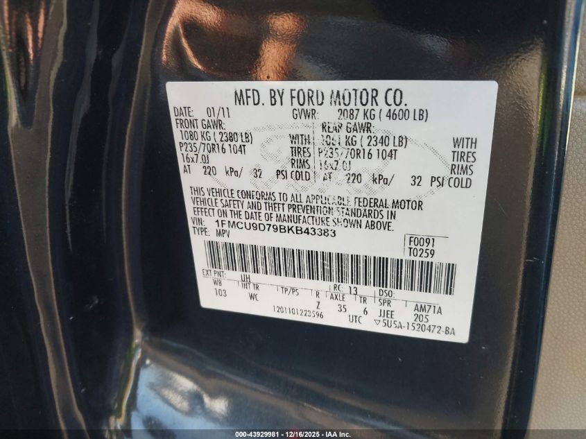 2011 Ford Escape Xlt VIN: 1FMCU9D79BKB43383 Lot: 43929981