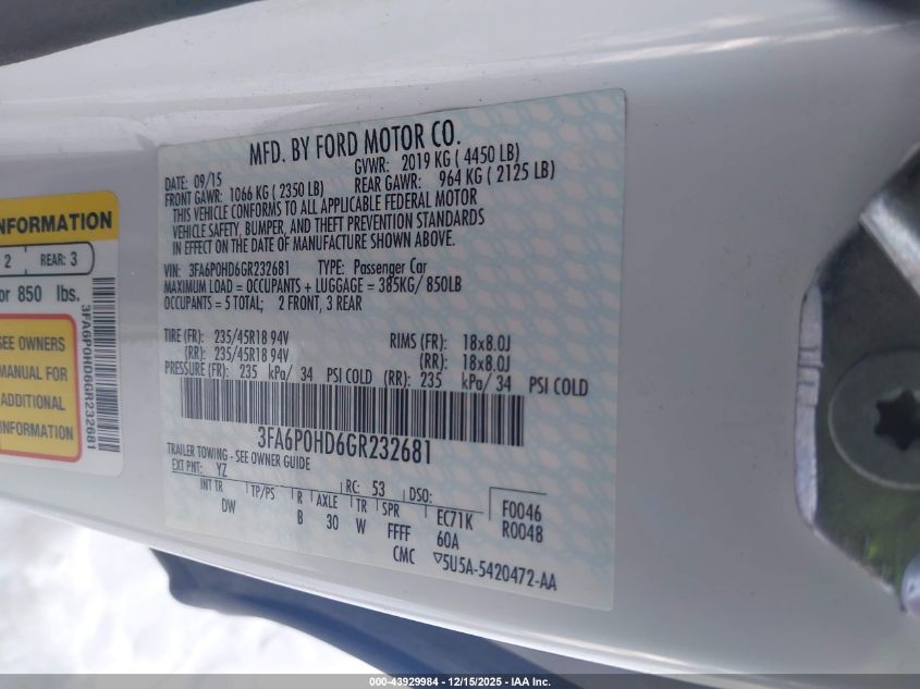 2016 Ford Fusion Se VIN: 3FA6P0HD6GR232681 Lot: 43929984