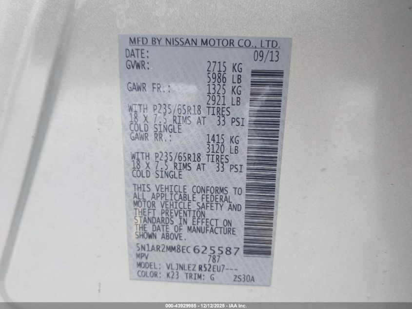 2014 Nissan Pathfinder Sv VIN: 5N1AR2MM8EC625587 Lot: 43929985