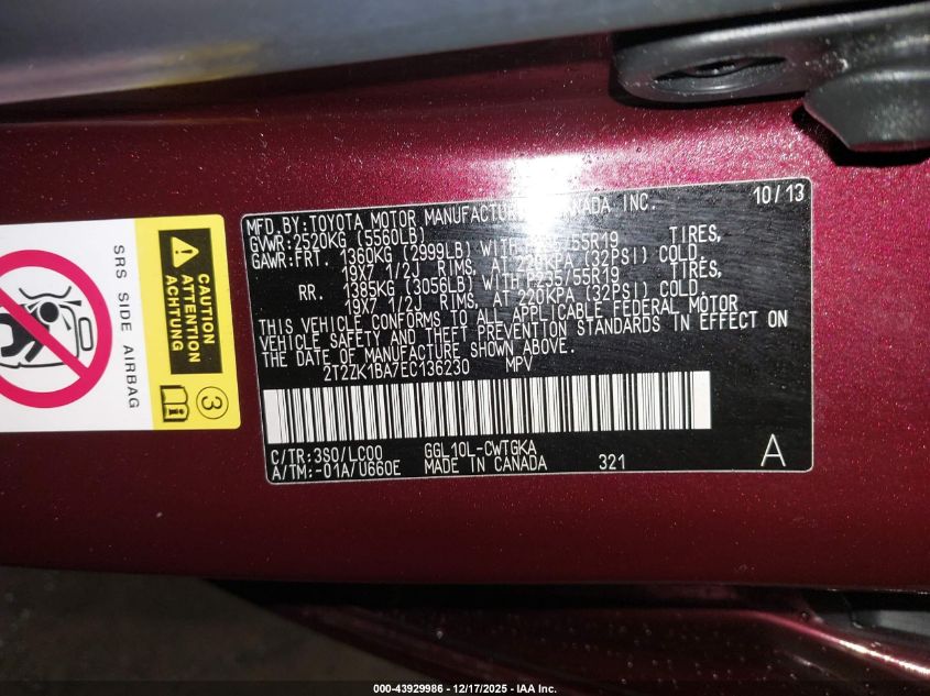 2014 Lexus Rx 350 VIN: 2T2ZK1BA7EC136230 Lot: 43929986