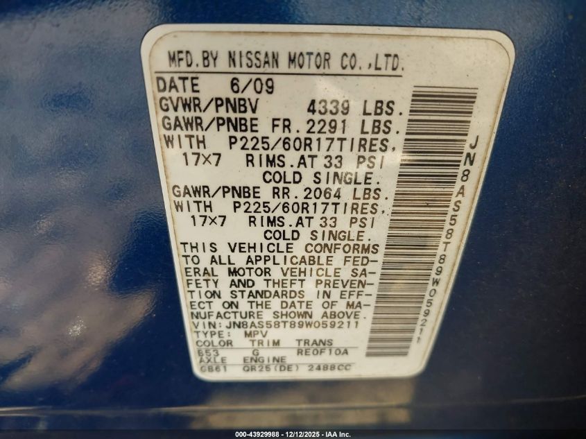2009 Nissan Rogue Sl VIN: JN8AS58T89W059211 Lot: 43929988