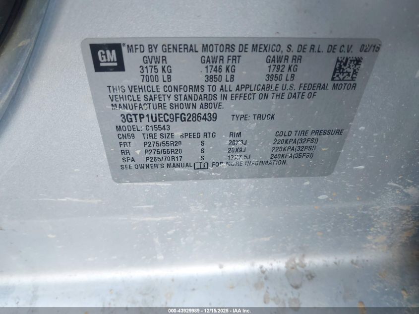 2015 GMC Sierra 1500 Sle VIN: 3GTP1UEC9FG286439 Lot: 43929989