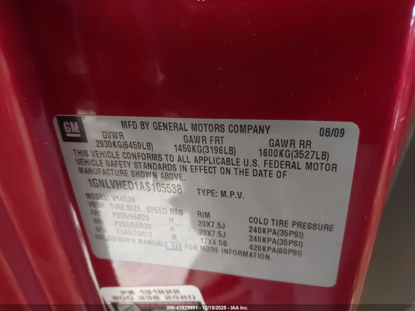 2010 Chevrolet Traverse Ltz VIN: 1GNLVHED1AS105538 Lot: 43929991