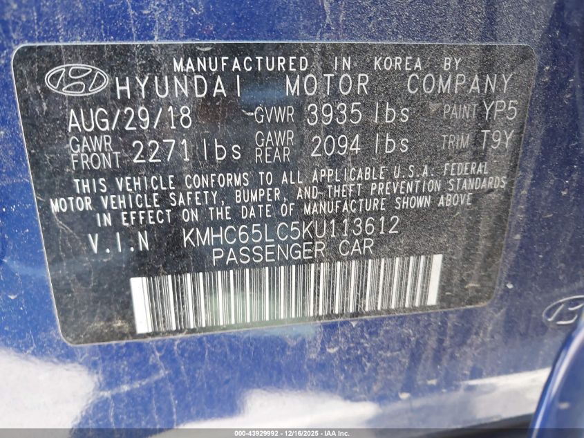 2019 Hyundai Ioniq Hybrid Blue VIN: KMHC65LC5KU113612 Lot: 43929992