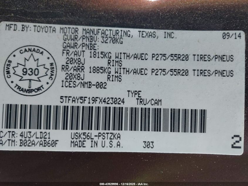 2015 Toyota Tundra Platinum 5.7L V8 VIN: 5TFAY5F19FX423024 Lot: 43929996