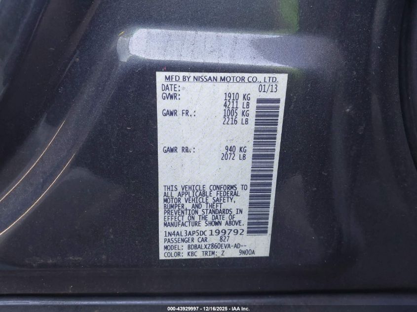 2013 Nissan Altima 2.5 Sl VIN: 1N4AL3AP5DC199792 Lot: 43929997