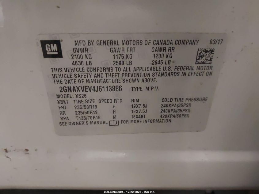 2018 Chevrolet Equinox Premier VIN: 2GNAXVEV4J6113886 Lot: 43930004