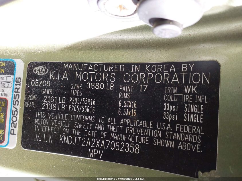 2010 Kia Soul + VIN: KNDJT2A2XA7062358 Lot: 43930012