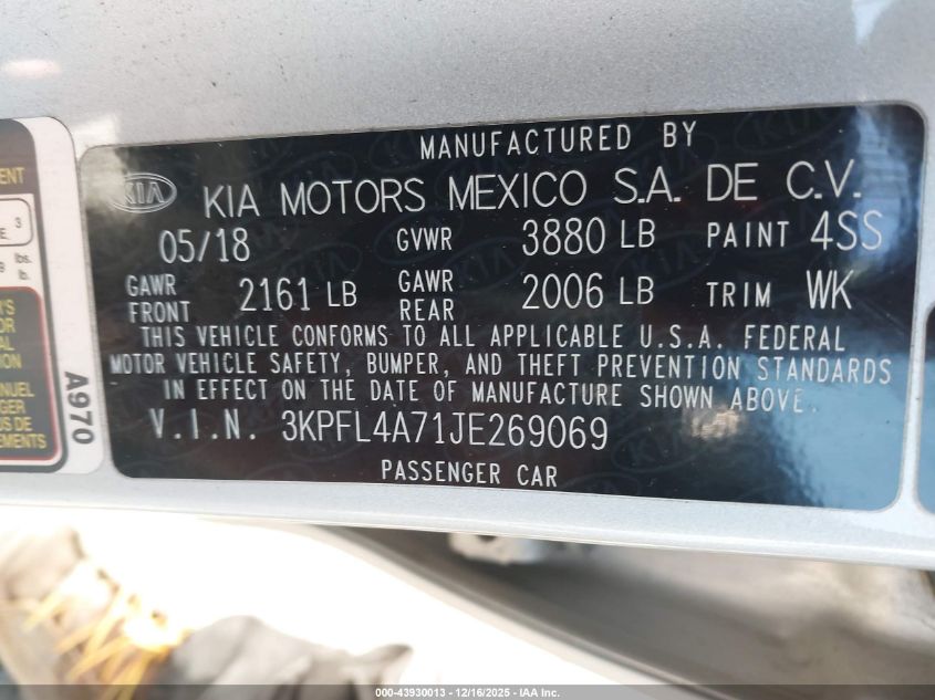 2018 Kia Forte Lx VIN: 3KPFL4A71JE269069 Lot: 43930013
