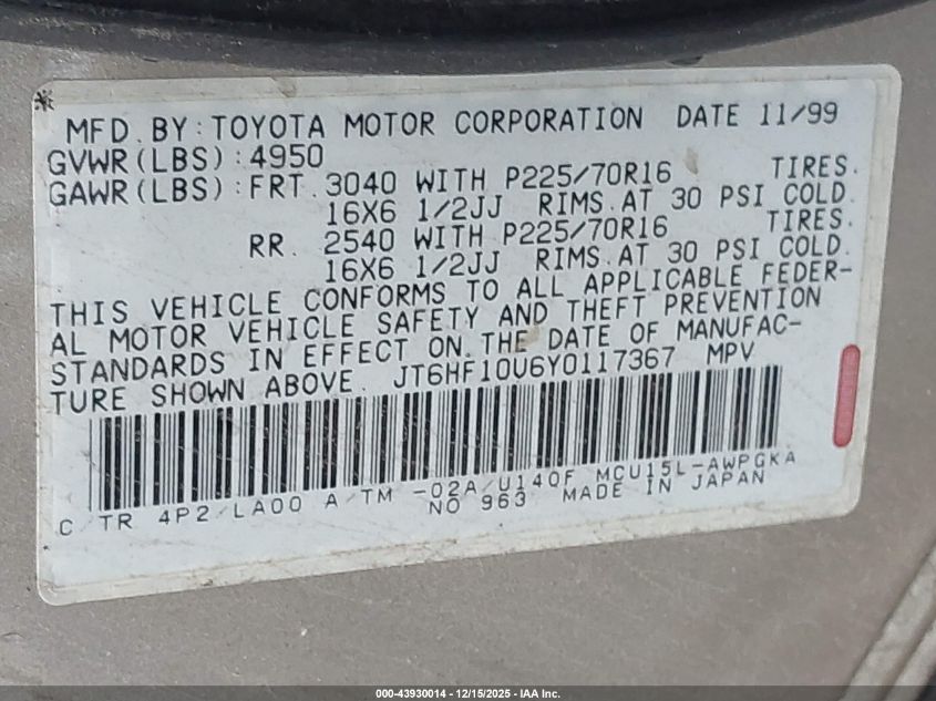 2000 Lexus Rx 300 VIN: JT6HF10U6Y0117367 Lot: 43930014