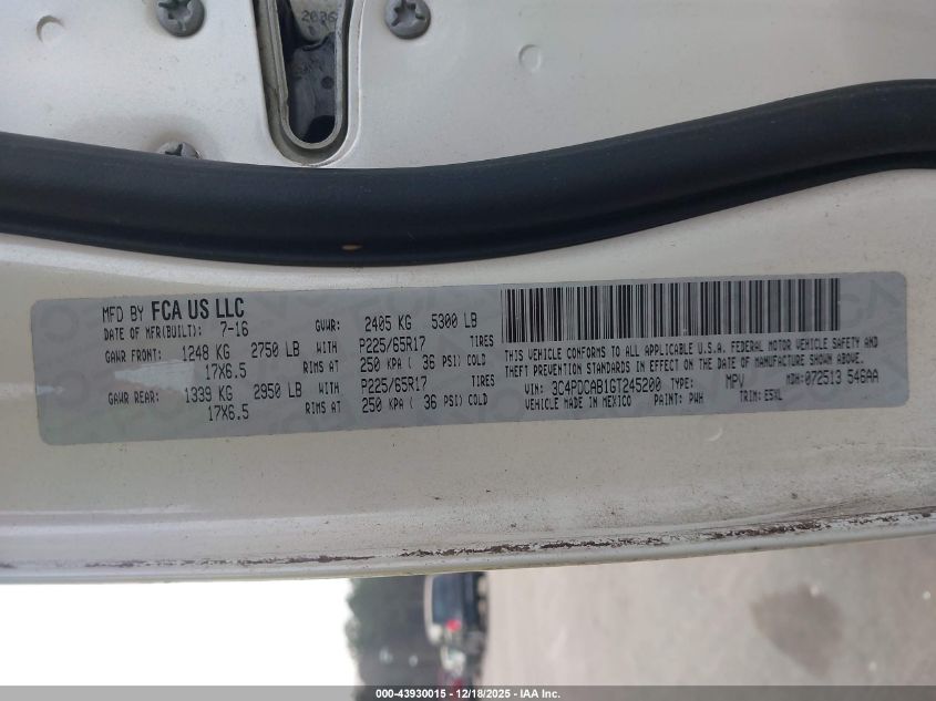 2016 Dodge Journey Se VIN: 3C4PDCAB1GT245200 Lot: 43930015