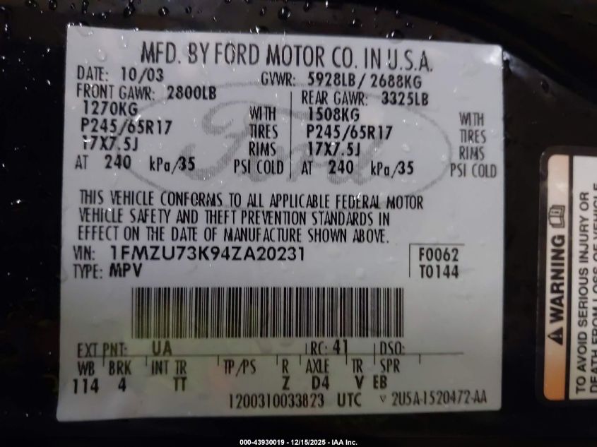 2004 Ford Explorer Nbx/Xlt VIN: 1FMZU73K94ZA20231 Lot: 43930019
