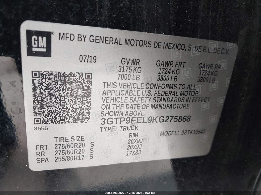 2019 GMC Sierra 1500 At4 VIN: 3GTP9EEL9KG275868 Lot: 43930022