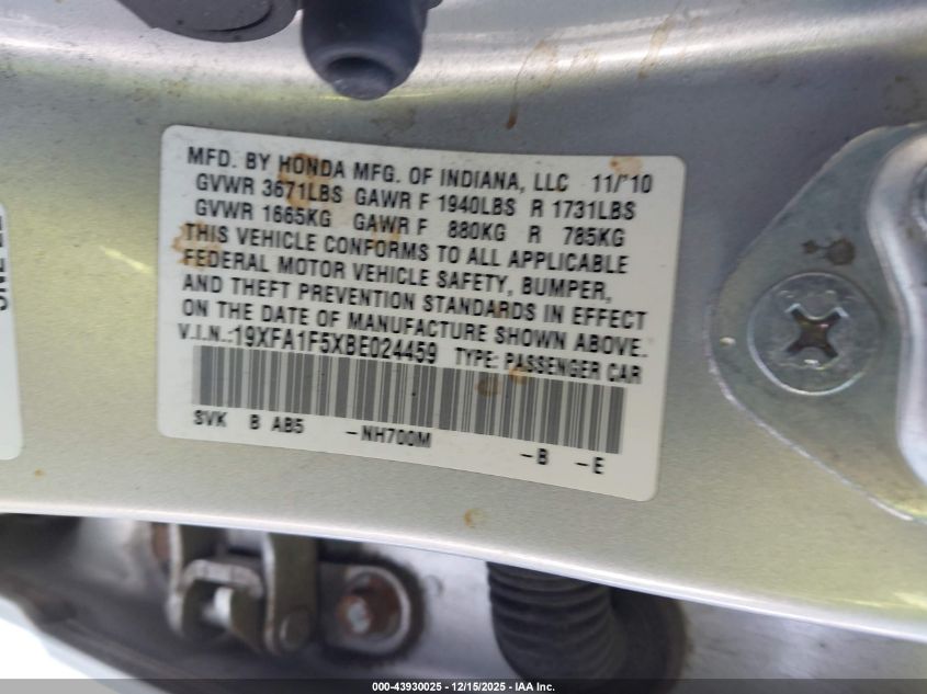 2011 Honda Civic Lx VIN: 19XFA1F5XBE024459 Lot: 43930025