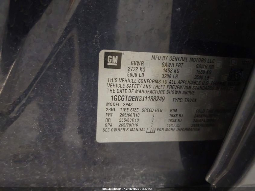 2018 Chevrolet Colorado Z71 VIN: 1GCGTDEN3J1188249 Lot: 43930031