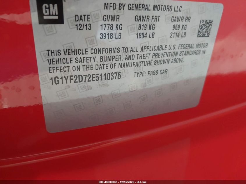 2014 Chevrolet Corvette Stingray VIN: 1G1YF2D72E5110376 Lot: 43930033