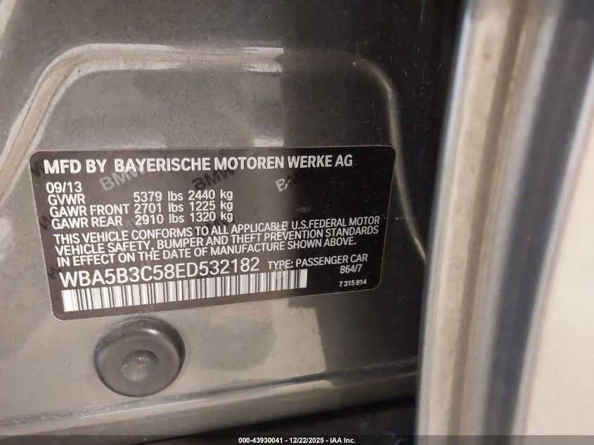 2014 BMW 535I xDrive VIN: WBA5B3C58ED532182 Lot: 43930041