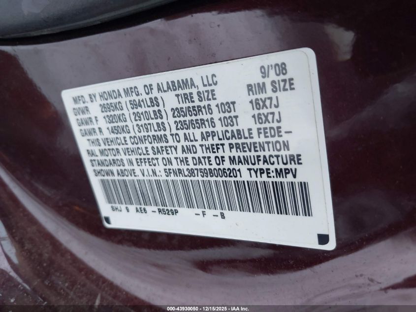 2009 Honda Odyssey Ex-L VIN: 5FNRL38759B006201 Lot: 43930050