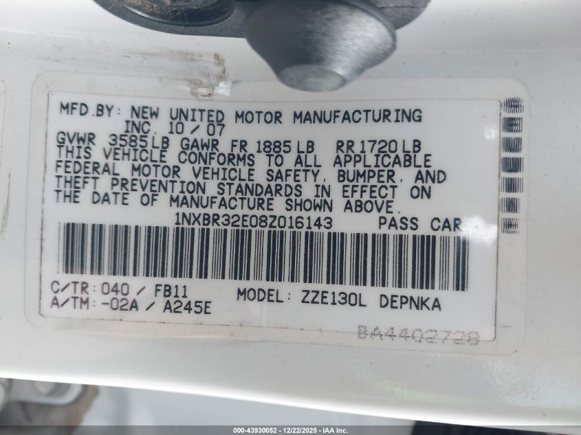 2008 Toyota Corolla Le VIN: 1NXBR32E08Z016143 Lot: 43930052