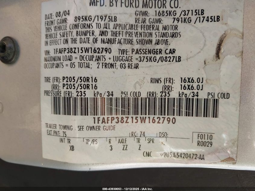 2005 Ford Focus Zx4 VIN: 1FAFP38Z15W162790 Lot: 43930053