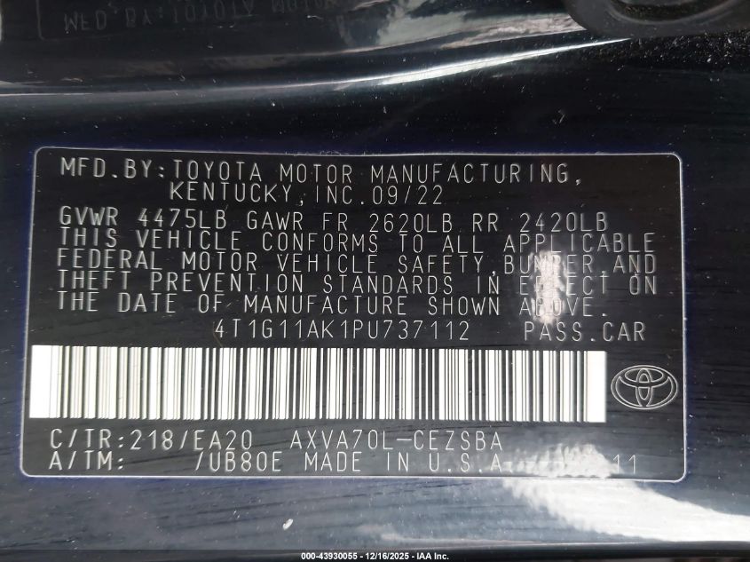 2023 Toyota Camry Se VIN: 4T1G11AK1PU737112 Lot: 43930055