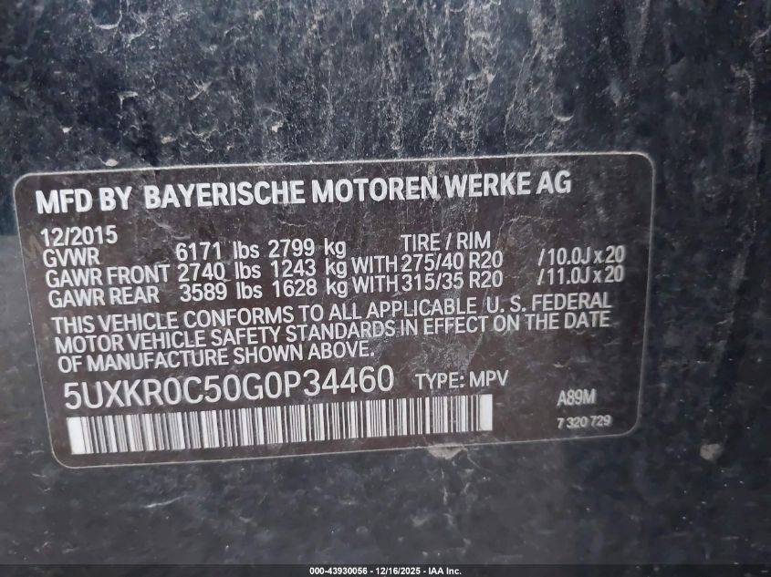 2016 BMW X5 xDrive35I VIN: 5UXKR0C50G0P34460 Lot: 43930056