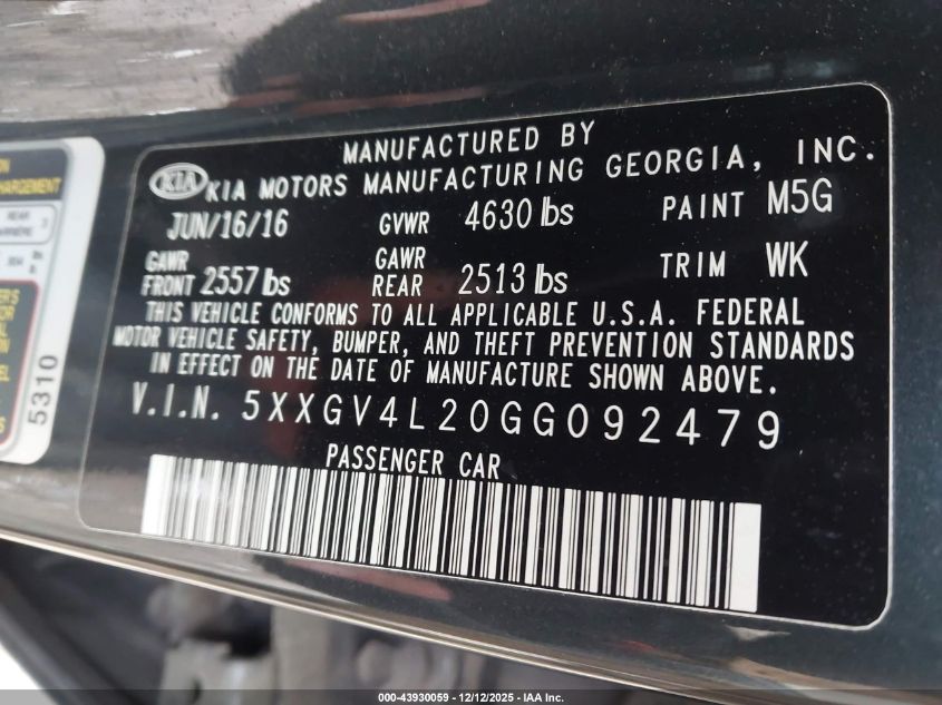 2016 Kia Optima Sxl Turbo VIN: 5XXGV4L20GG092479 Lot: 43930059