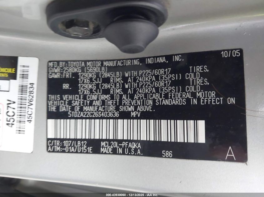 2006 Toyota Sienna Xle VIN: 5TDZA22C26S403636 Lot: 43930060