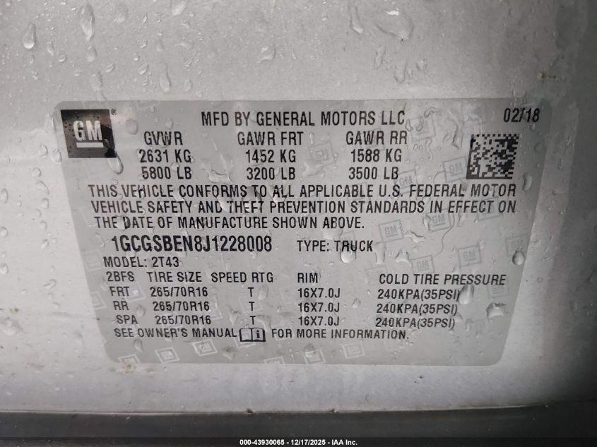 2018 Chevrolet Colorado Wt VIN: 1GCGSBEN8J1228008 Lot: 43930065
