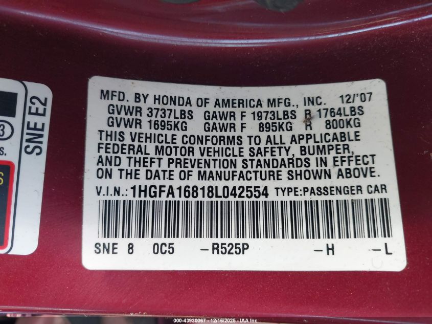 2008 Honda Civic Ex VIN: 1HGFA16818L042554 Lot: 43930067