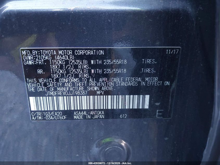 2018 Toyota Rav4 Limited VIN: JTMDFREV0JJ198387 Lot: 43930072