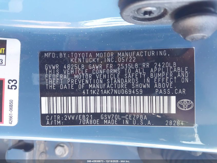 2022 Toyota Camry Trd VIN: 4T1KZ1AK7NU069459 Lot: 43930073
