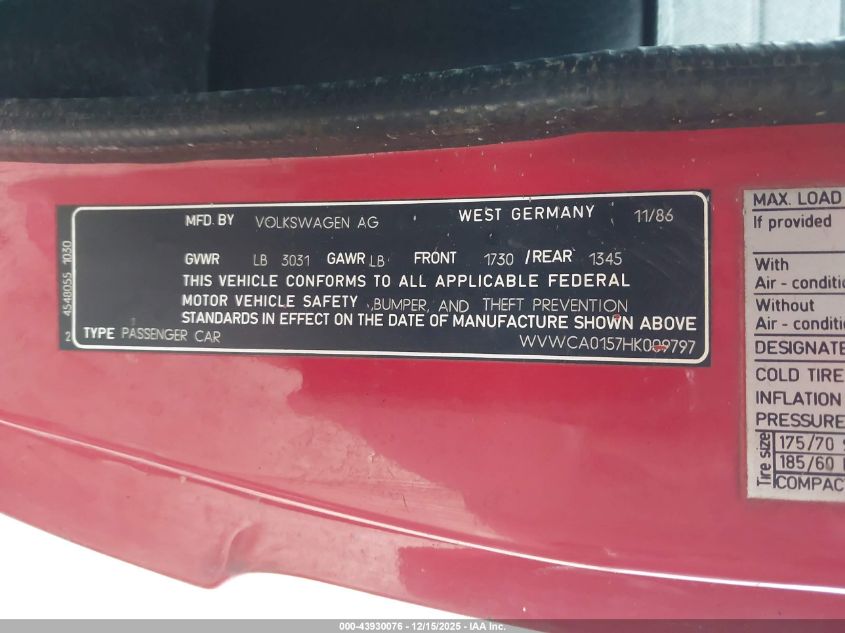 1987 Volkswagen Cabriolet VIN: WVWCA0157HK009797 Lot: 43930076