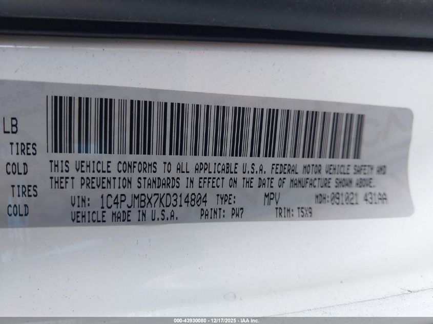 2019 Jeep Cherokee Trailhawk 4X4 VIN: 1C4PJMBX7KD314804 Lot: 43930080