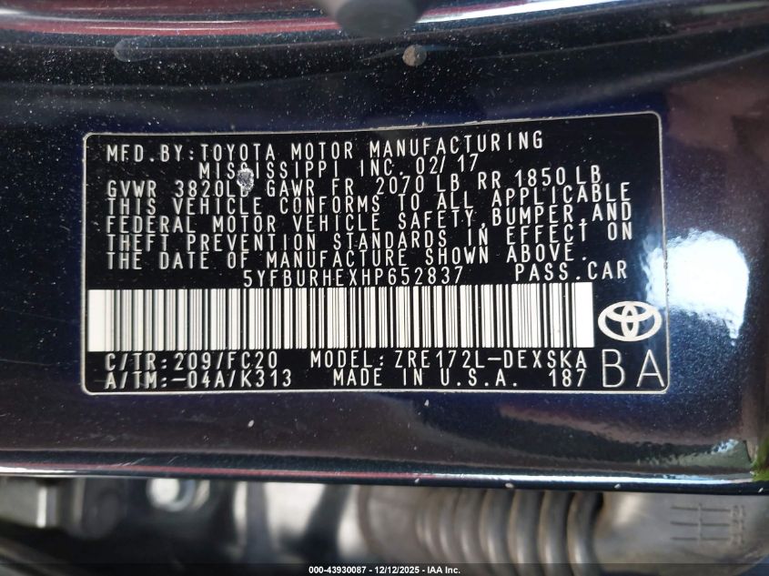 2017 Toyota Corolla Se VIN: 5YFBURHEXHP652837 Lot: 43930087