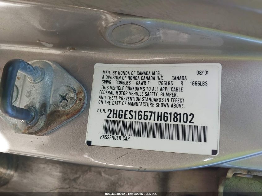 2001 Honda Civic Lx VIN: 2HGES16571H618102 Lot: 43930092