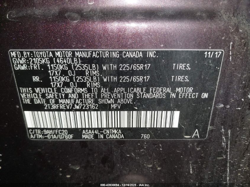 2018 Toyota Rav4 Xle VIN: 2T3RFREV7JW723162 Lot: 43930094