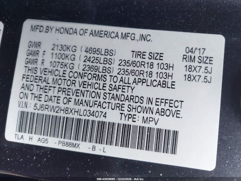 2017 Honda Cr-V Ex-L/Ex-L Navi VIN: 5J6RW2H8XHL034074 Lot: 43930095