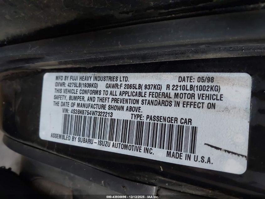 1998 Subaru Legacy 2.5Gt VIN: 4S3BK6754W7322213 Lot: 43930096