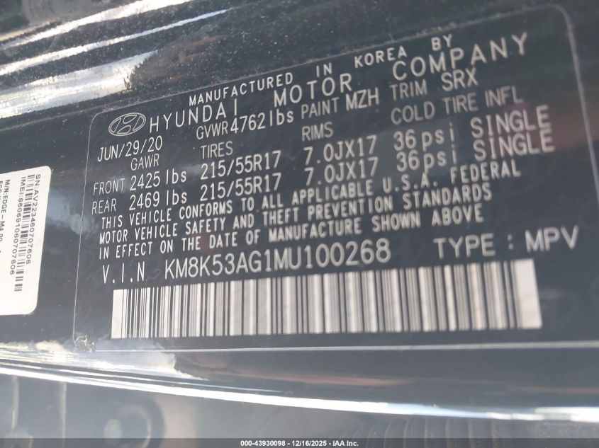 2021 Hyundai Kona Electric Ultimate VIN: KM8K53AG1MU100268 Lot: 43930098