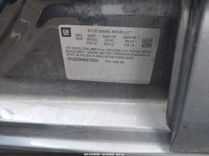 2016 Chevrolet Sonic Lt Auto VIN: 1G1JC5SH4G4150233 Lot: 43930099