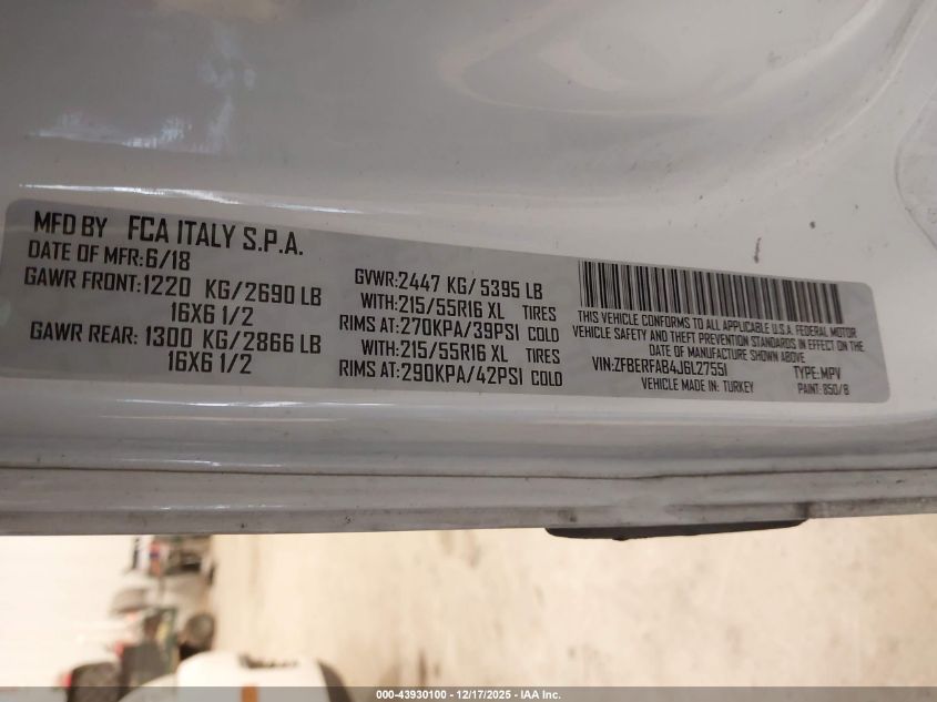 2018 Ram Promaster City Tradesman VIN: ZFBERFAB4J6L27551 Lot: 43930100